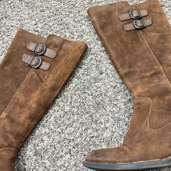 Born Basil Riding Boots Chestnut Burnt Brown Suede Leather Buckle Knee High 7 M - Picture 2 of 7